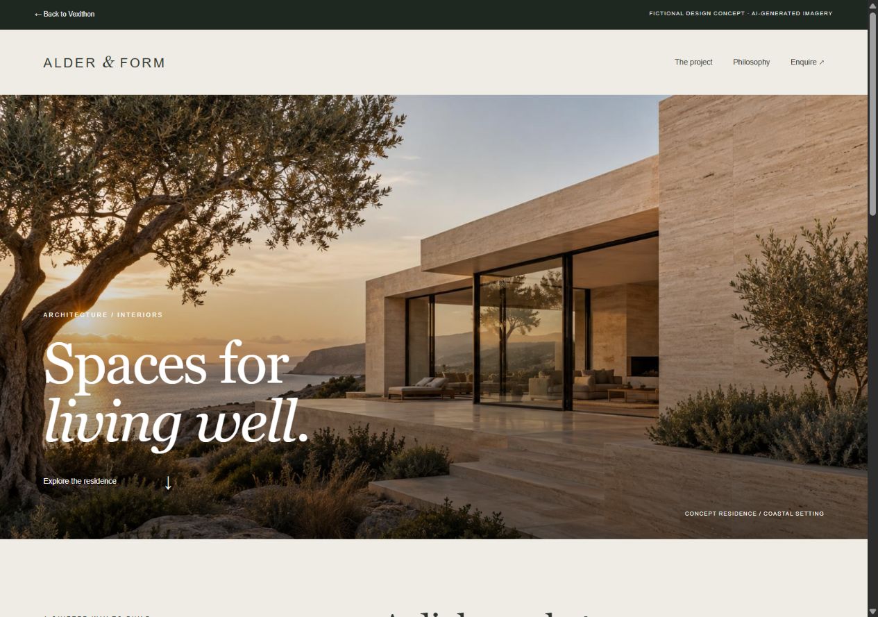 Screenshot of the actual Alder & Form architecture concept website