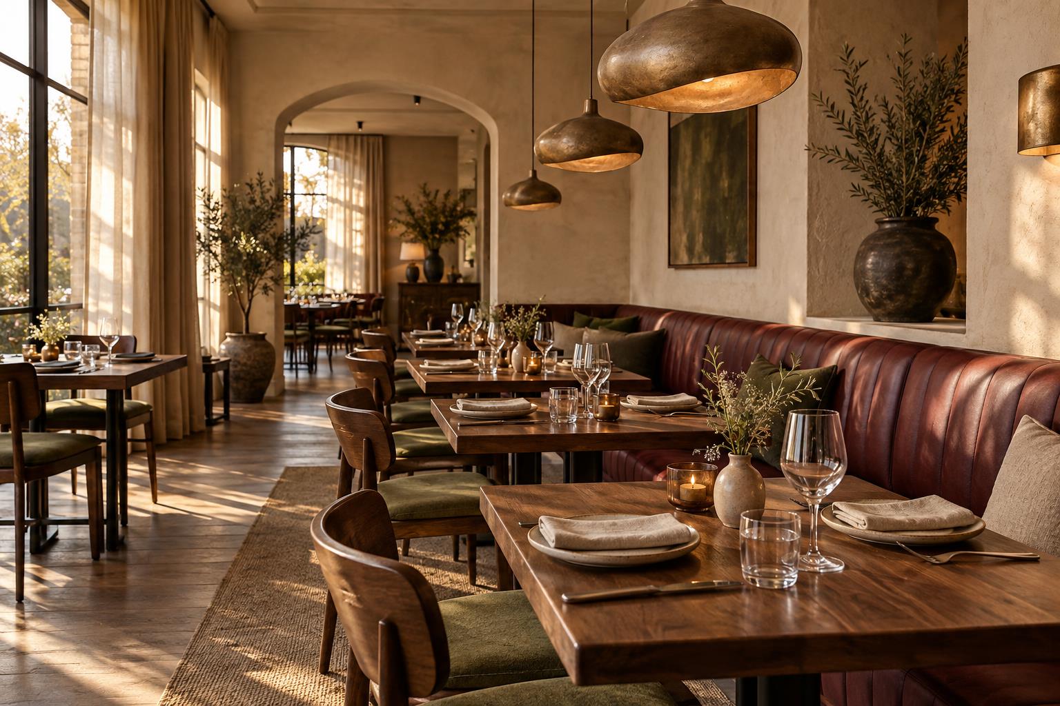 AI-generated warm restaurant interior with walnut tables and a burgundy banquette