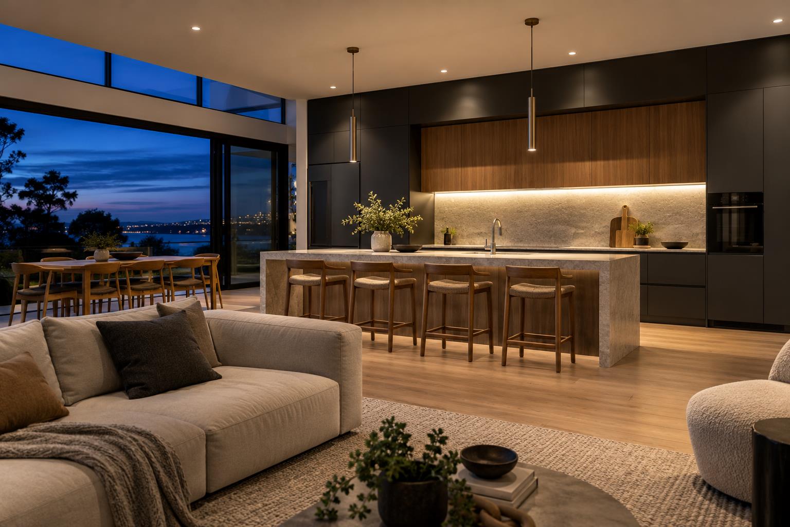 AI-generated photographic concept of a modern home with warm architectural lighting