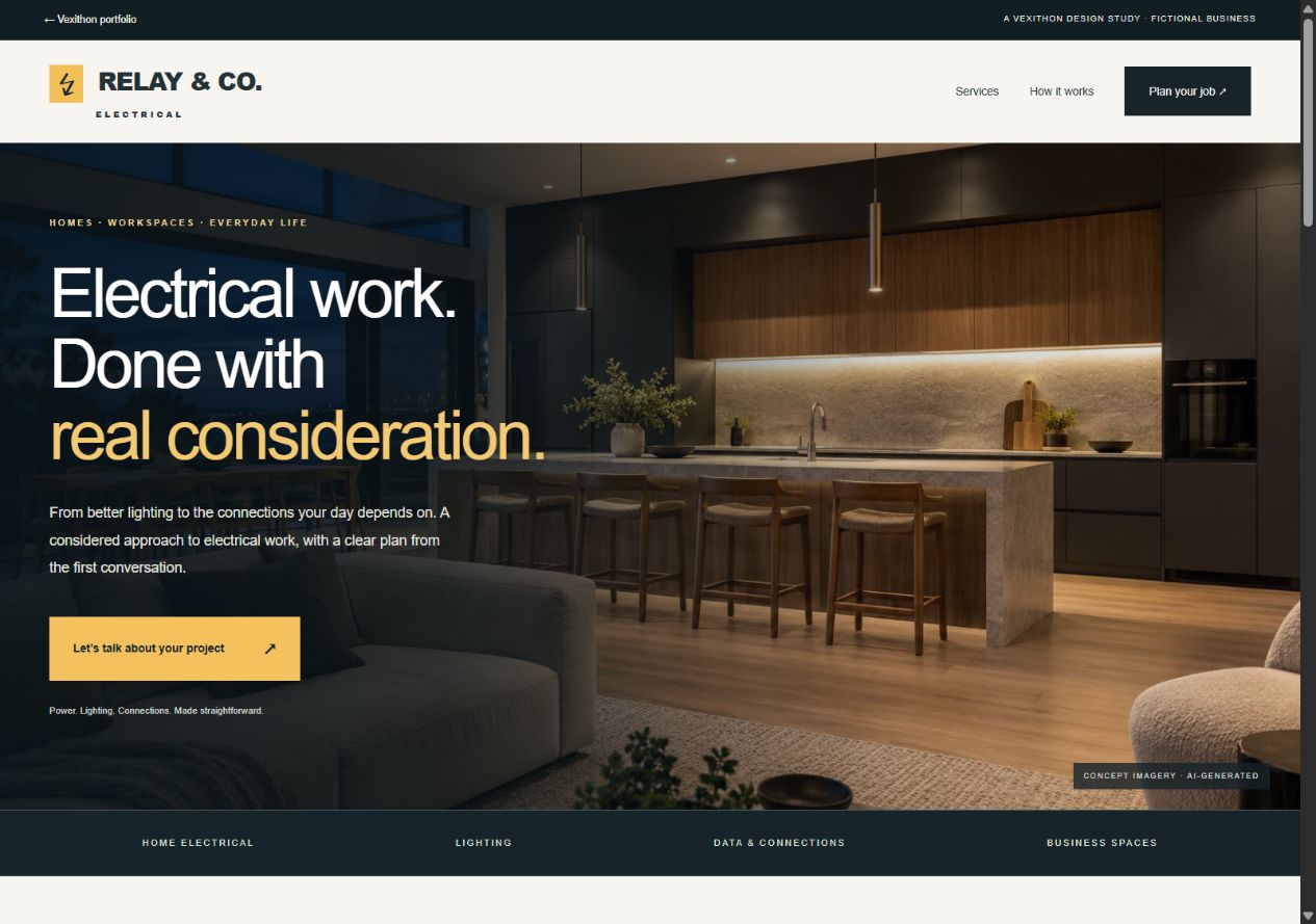 Screenshot of the actual Relay and Co electrical concept website